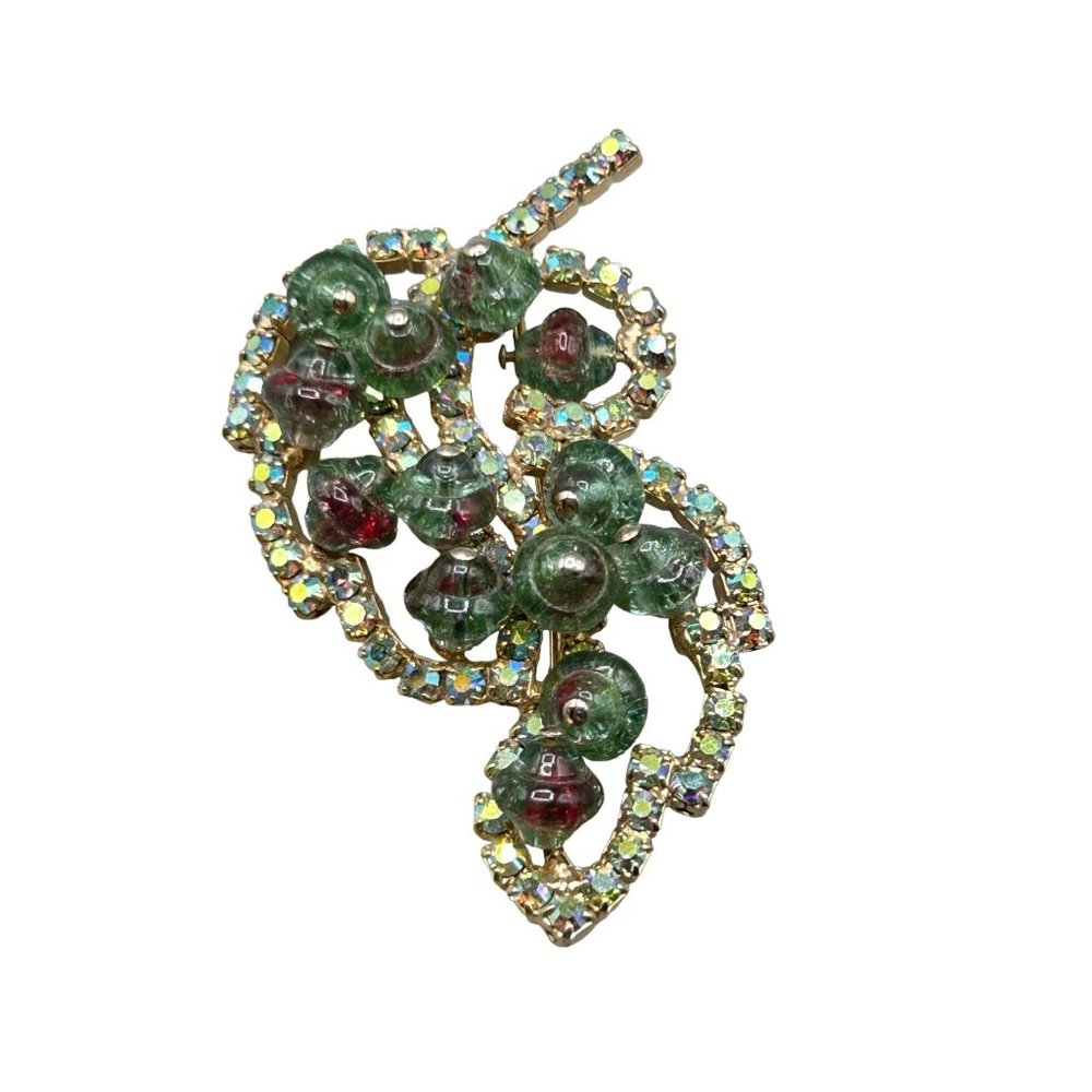 Vintage Rhinestones Pin Brooch Green Art Glass Beads and Aurora Borealis Stones